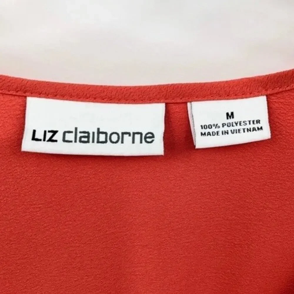 Liz Claiborne Women's Blouse M Coral Orange Shawl Collar Roll Tab Sleeve V Neck - Picture 6 of 7